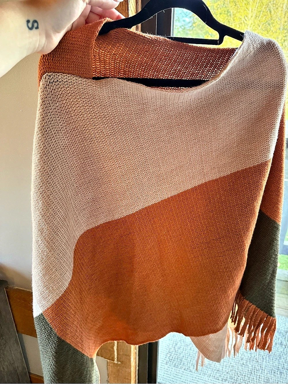 Color Block Fringe Poncho in Orange & Brown Like New